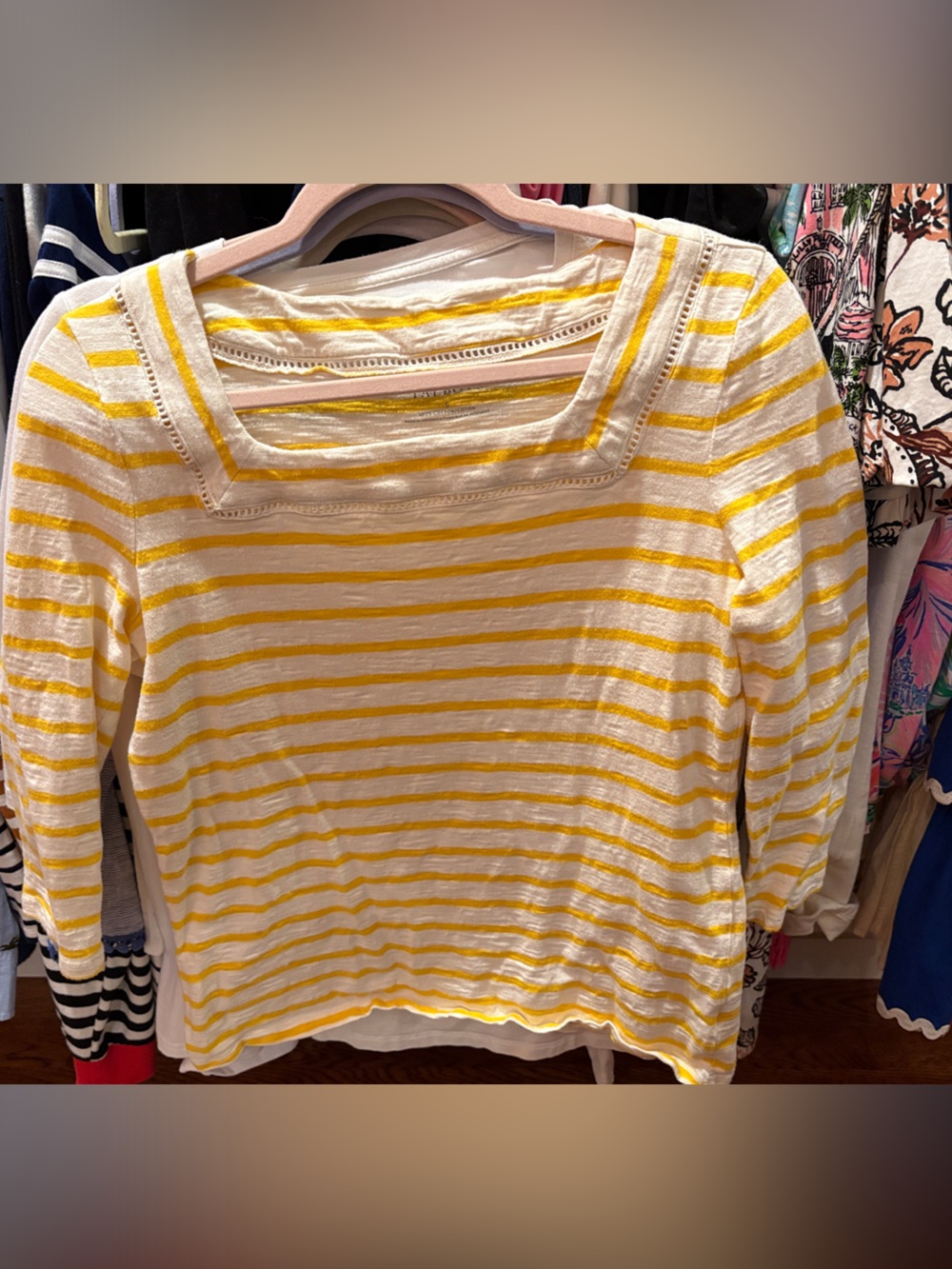 Talbots Yellow and White Striped Square Neck Long Sleeve Top